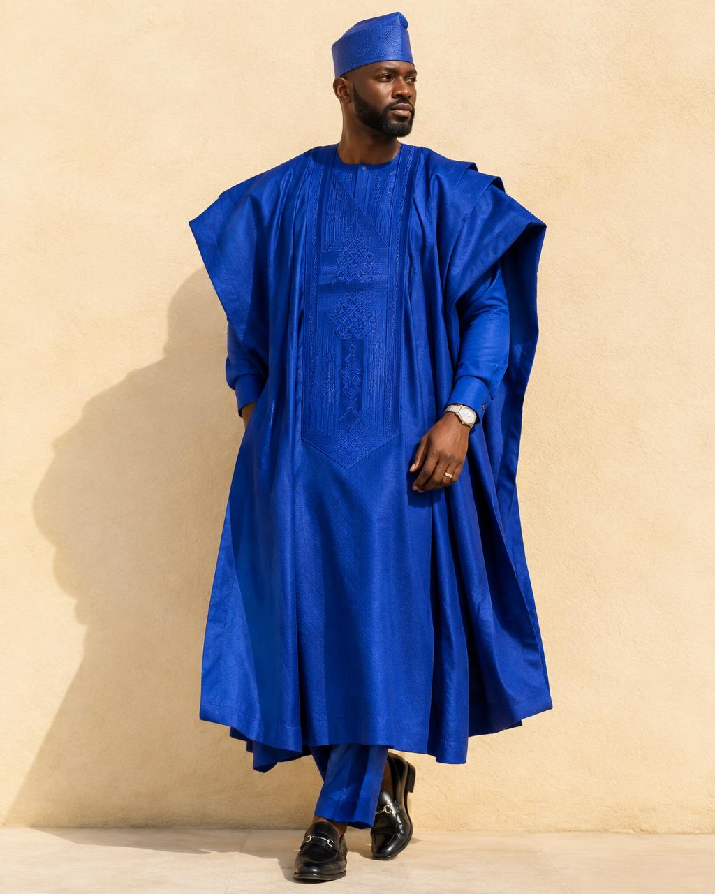 Cobalt embroidered agbada, 3 pieces