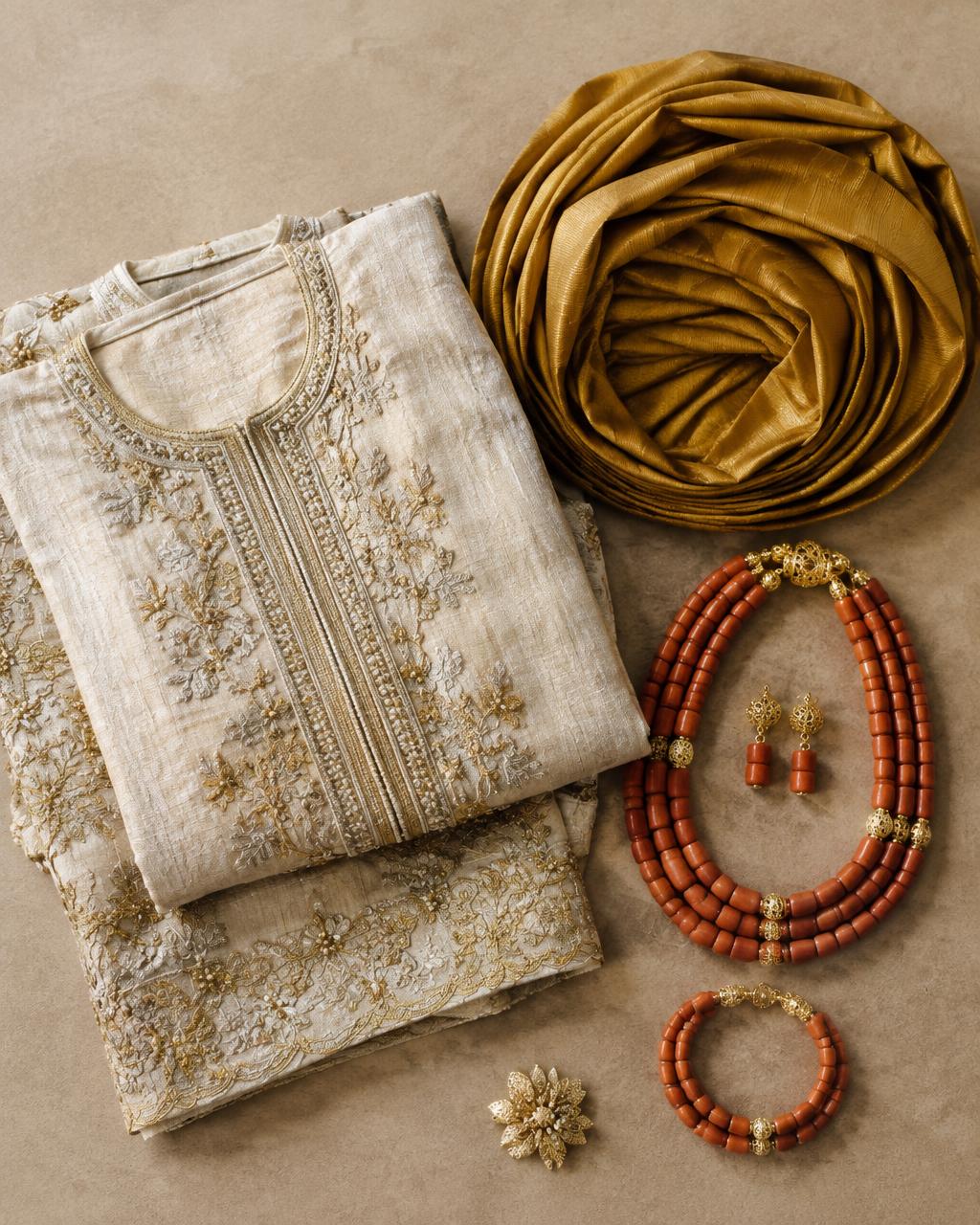 Ivory embroidered set with coral beads